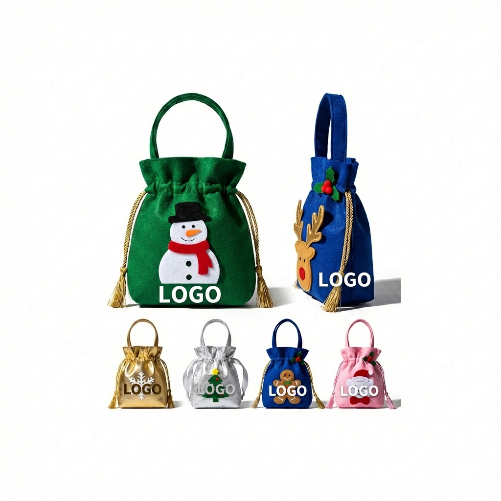 Festive Cartoon Felt Christmas Gift Pouches - Assorted Designs