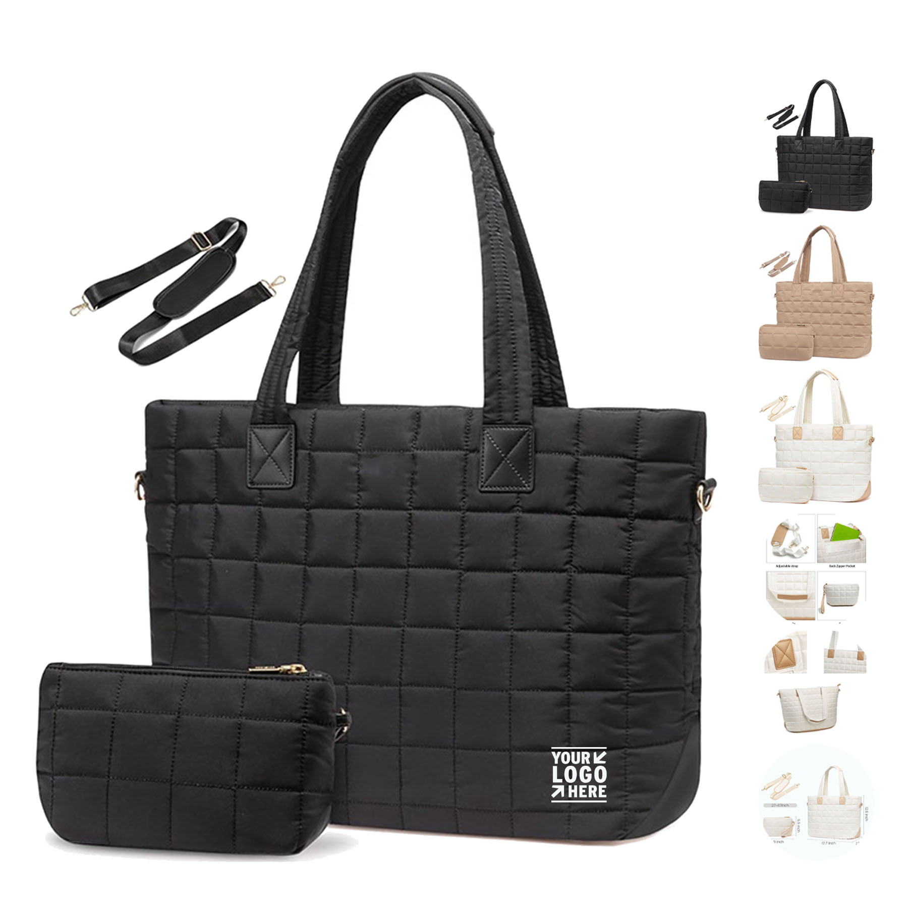 Quilted Nylon Crossbody Tote with Mini Pouch