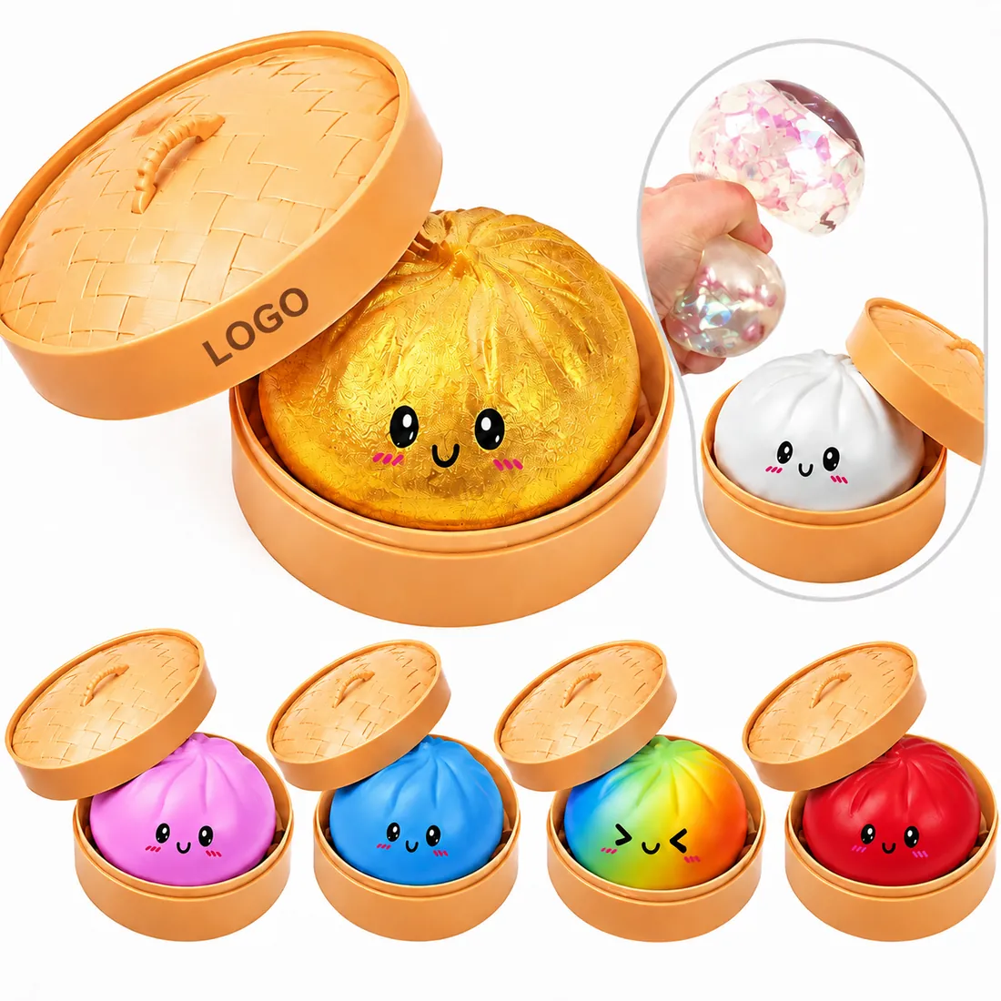 TPR Steamed Bun Stress Relief Squeeze Toy Set with Glitter